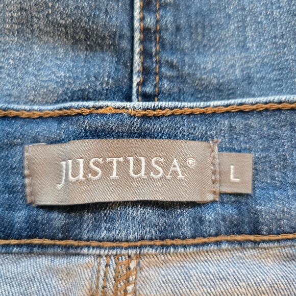 M Just USA Denim Distressed Blue Jean Skirt Womens Size L Frayed Stretch Mini - Picture 8 of 9